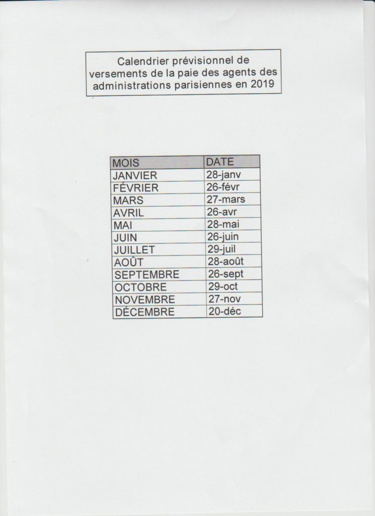 Calendrier de paie 2019 | CGT de la Préfecture de Police de Paris