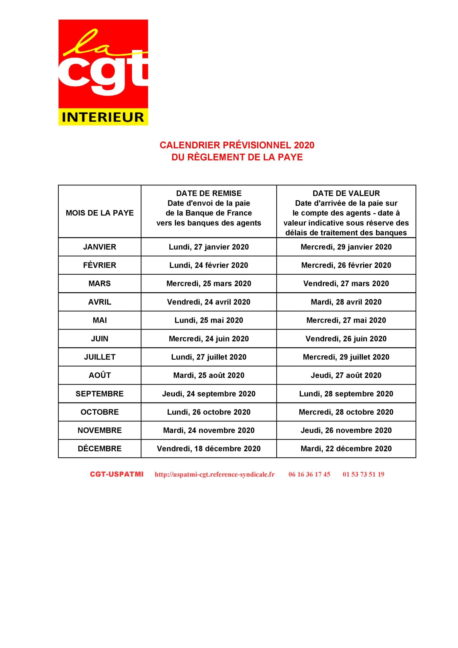 Calendrier Paie Fonctionnaire 2023 Cgt Calendrier Des Paies 2020 | Cgt De La Préfecture De Police De Paris