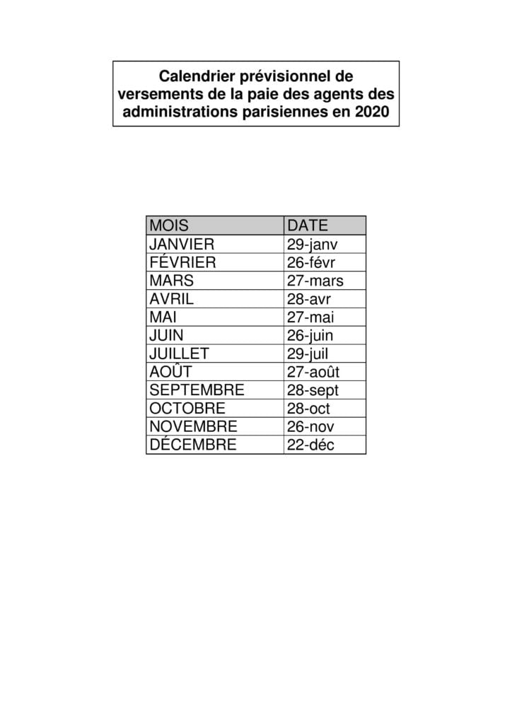 Calendrier des paies 2020 | CGT de la Préfecture de Police de Paris